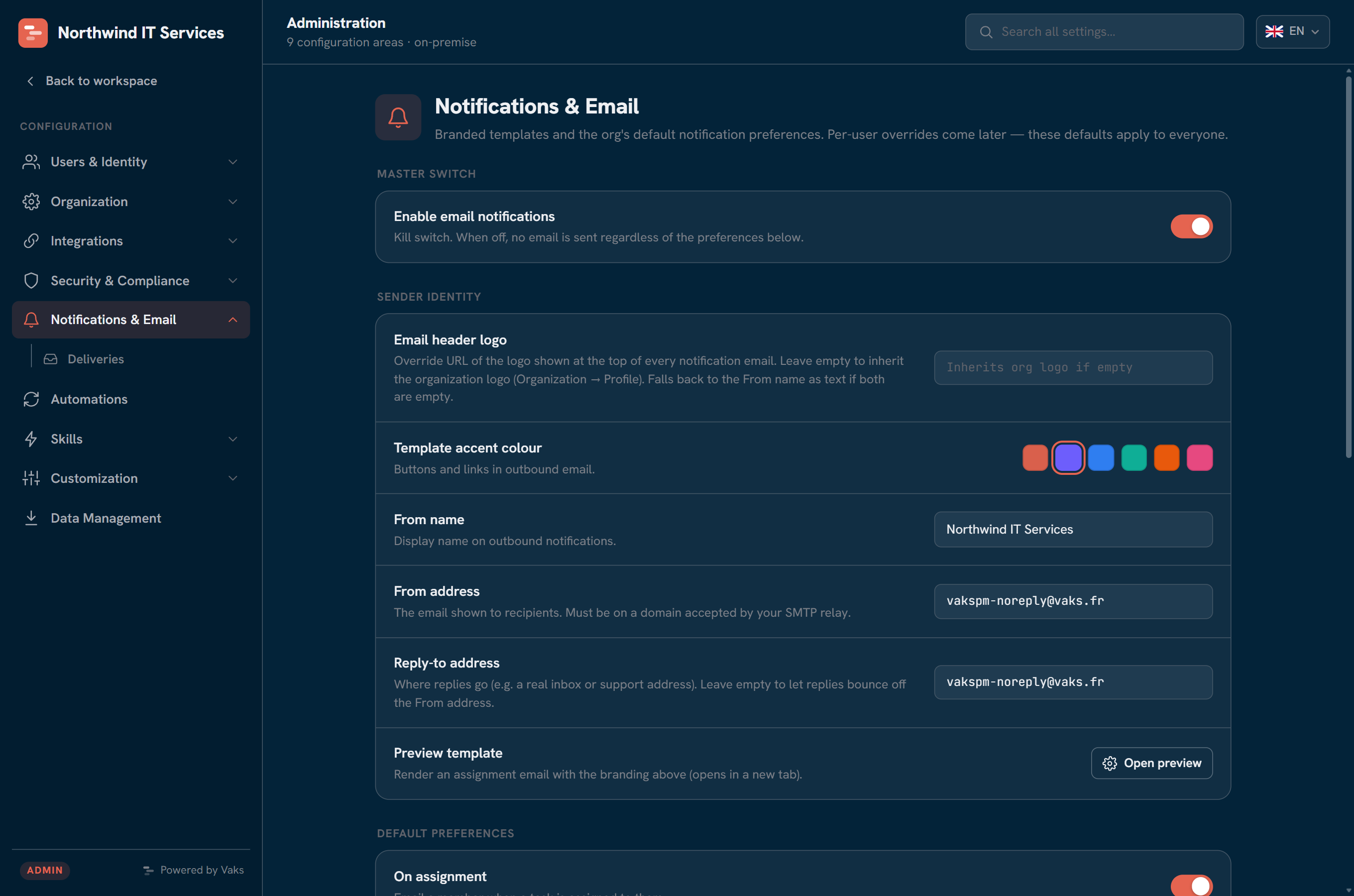 Admin: email notification configuration