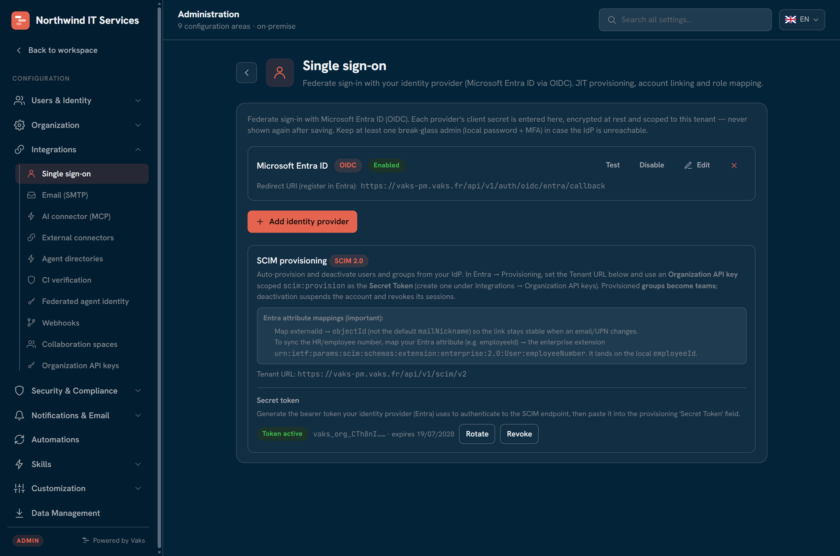 Admin: Single sign-on (Entra ID OIDC) configuration and SCIM provisioning