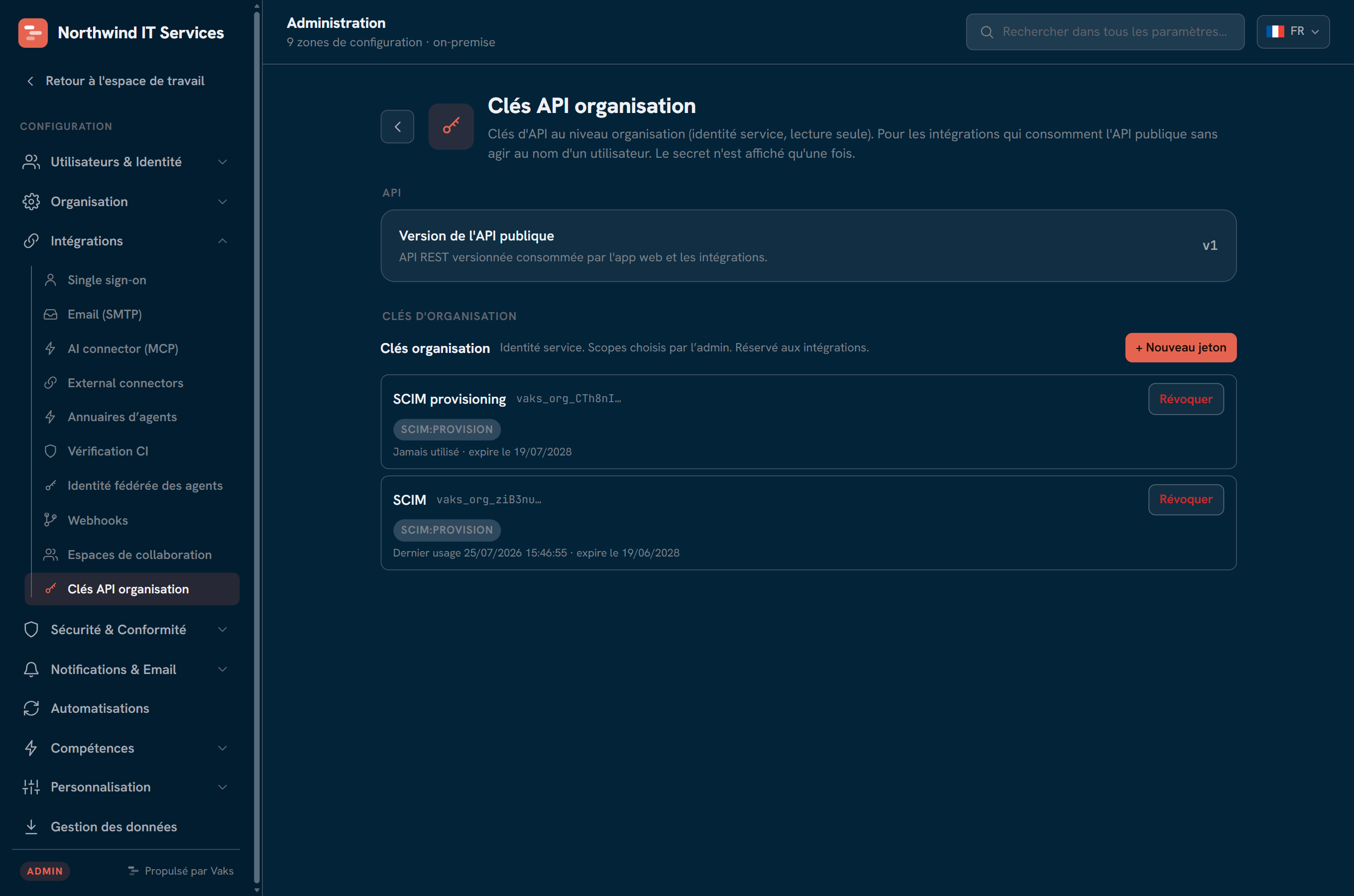 Admin : clés API d'organisation