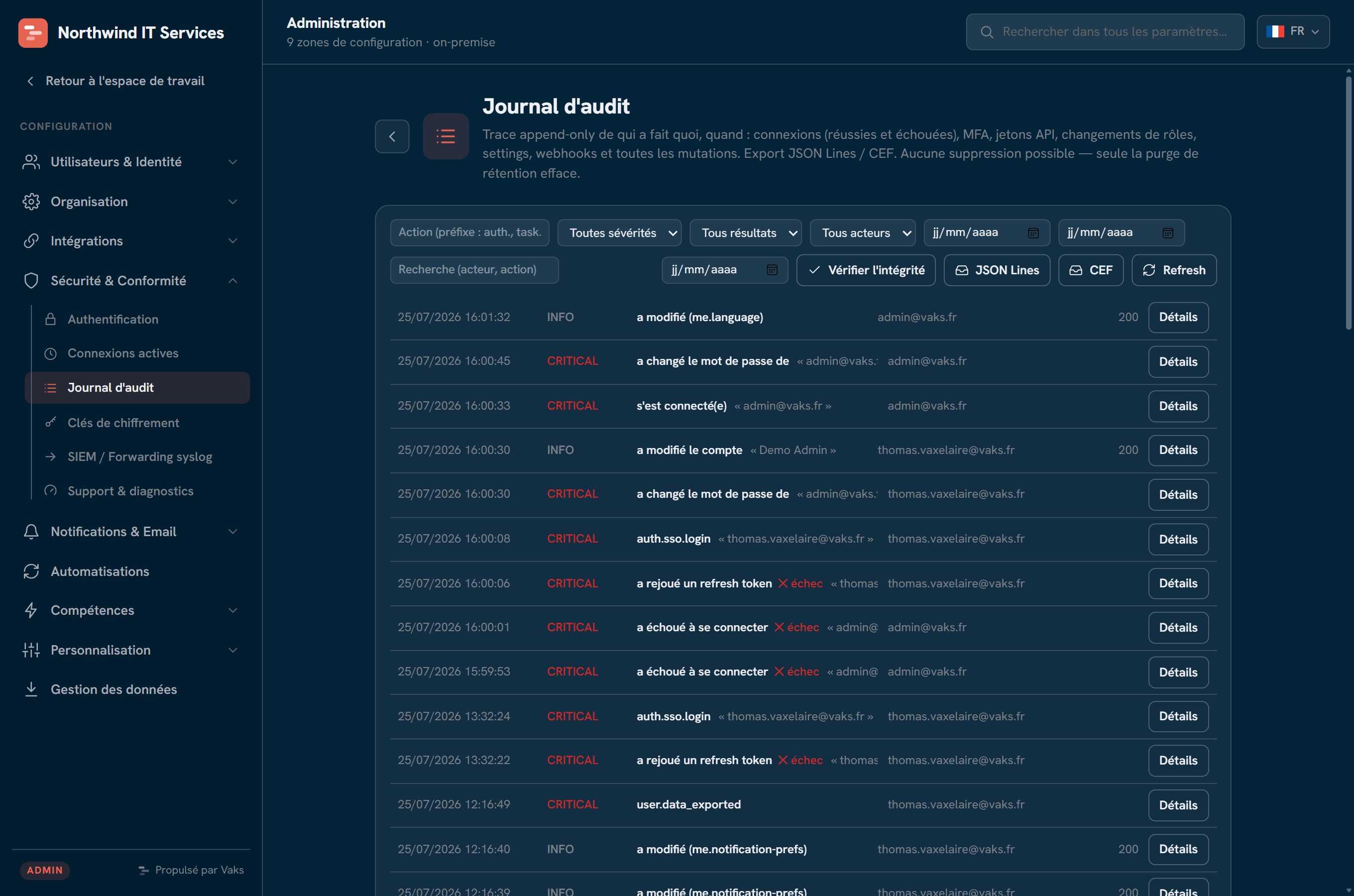 Admin : journal d'audit avec filtres, entrées et exports