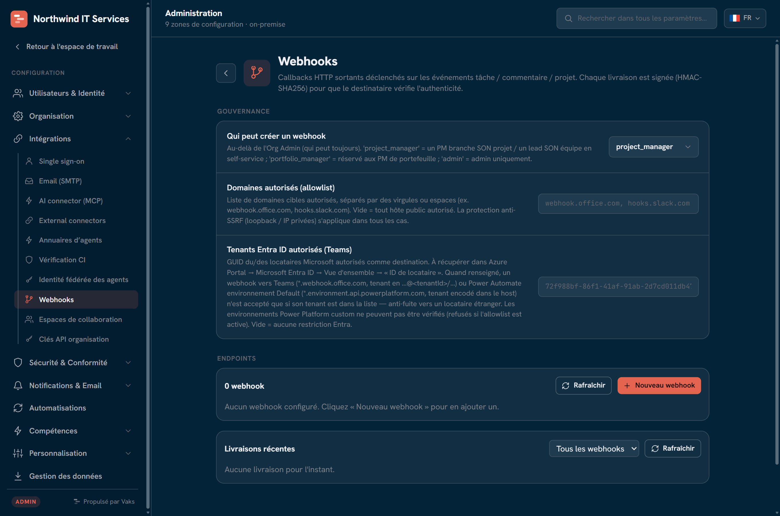 Admin : gestion des webhooks