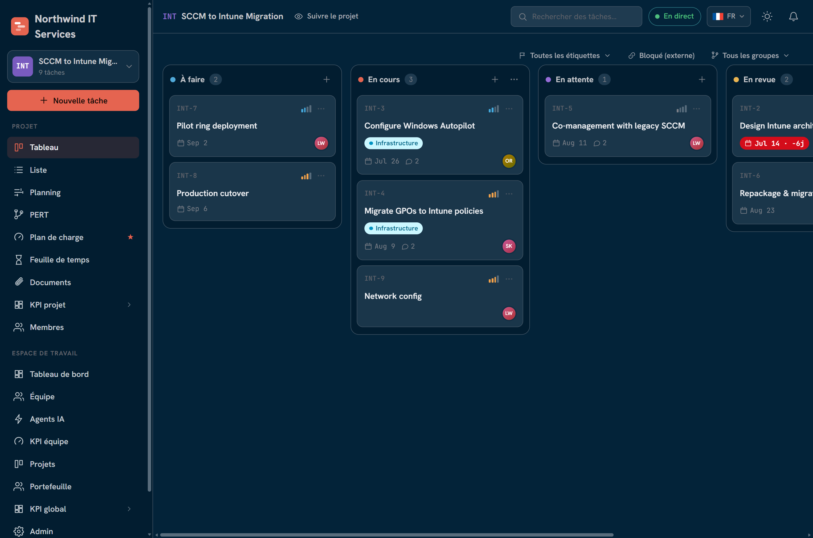Tableau Kanban d'un projet, avec colonnes par statut et cartes de tâches