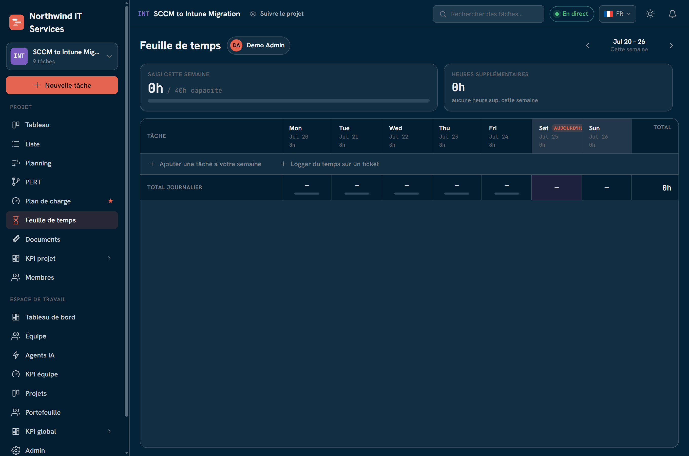 Timesheet hebdomadaire personnelle : grille tâches par jour éditable